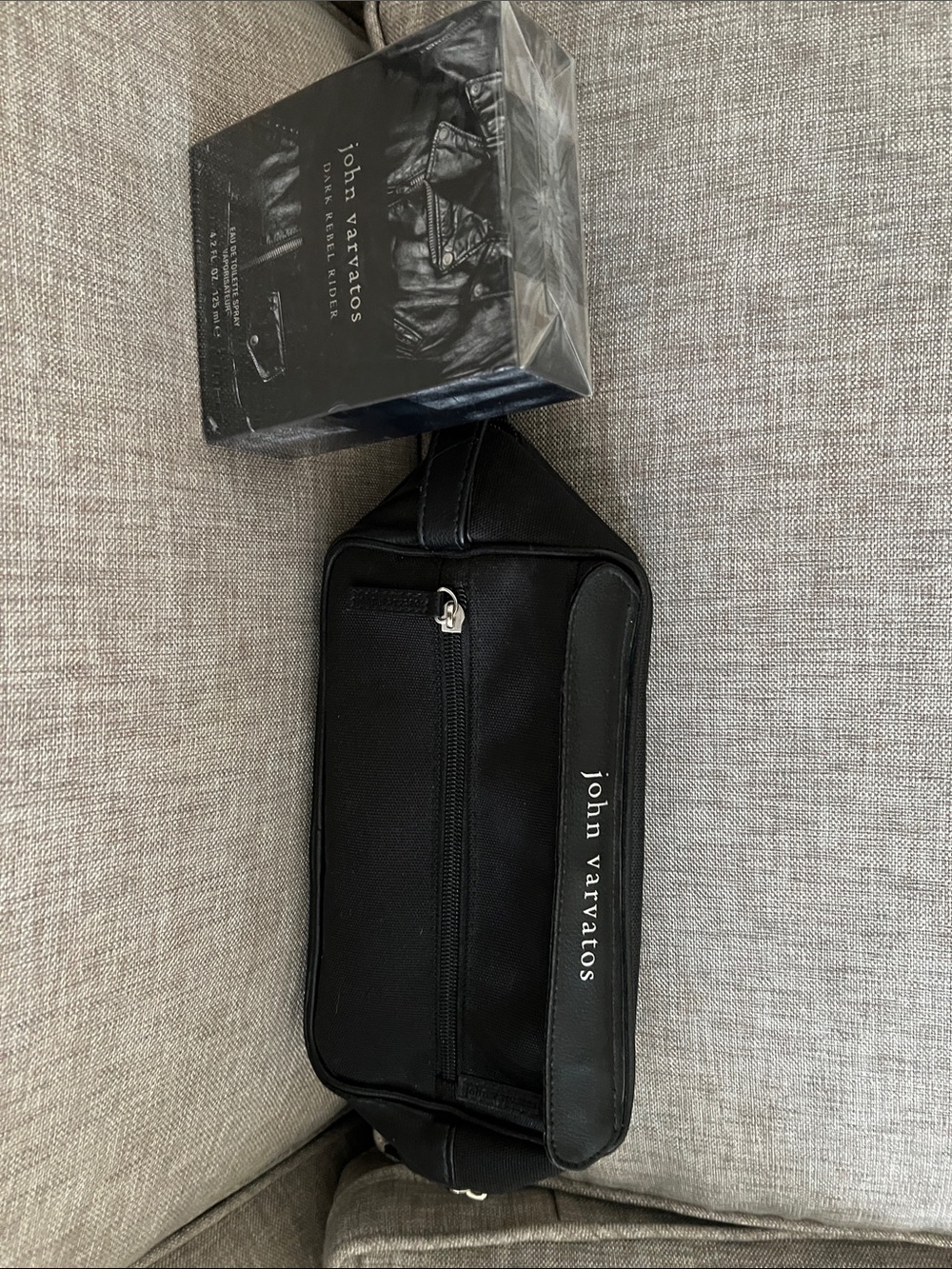 John Varvatos Black Leather Toiletry Bag with cologne